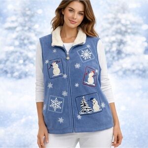 Snowman Embroidered Vest Winter Snowflakes Fleece Christmas Holiday Size XL